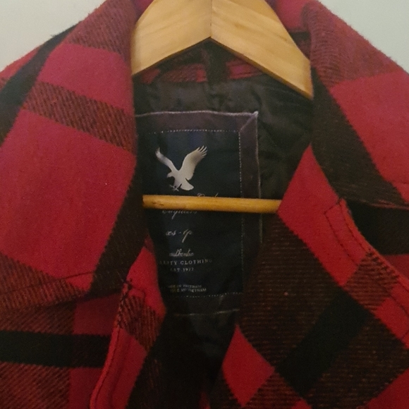 American eagle xs red/white plaid pea coat - Picture 2 of 4